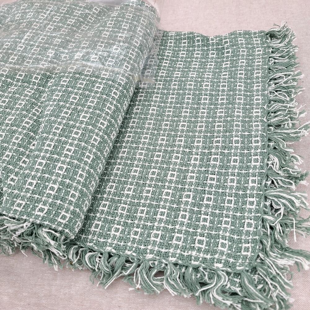 NOS VTG Cotton HOMESPUN Weave Sage Green fringed TABLECLOTH 52x70” + 4 Napkins